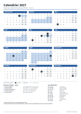 Aperçu : Calendrier 2027 Corse — A4 portrait