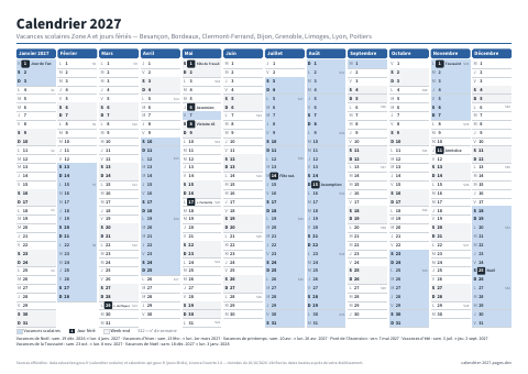 Aperçu : Calendrier 2027 Zone A — A4 paysage