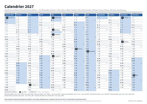 Aperçu : Calendrier 2027 Zone B — A4 paysage