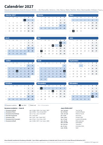 Aperçu : Calendrier 2027 Zone B — A4 portrait