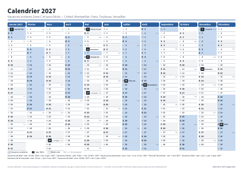 Aperçu : Calendrier 2027 Zone C — A4 paysage