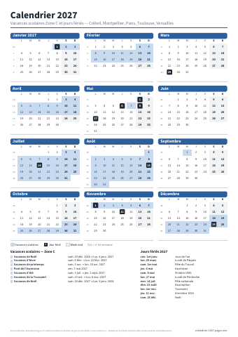 Aperçu : Calendrier 2027 Zone C — A4 portrait