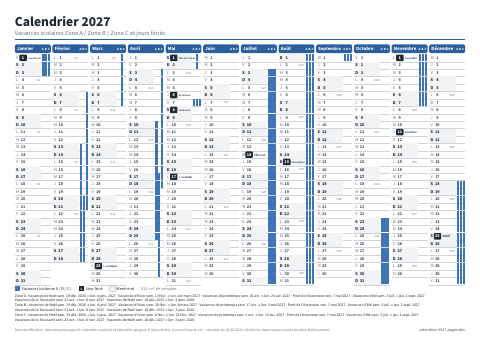 Aperçu : Calendrier 2027 zones A, B et C — A4 paysage