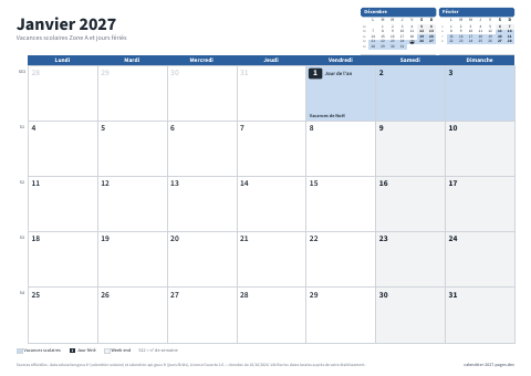 Aperçu : Calendrier mensuel 2027 Zone A — 12 pages A4