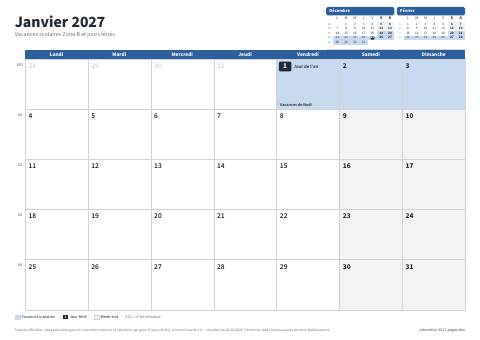 Aperçu : Calendrier mensuel 2027 Zone B — 12 pages A4