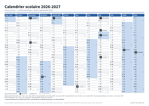 Aperçu : Calendrier scolaire 2026-2027 Corse — A4 paysage
