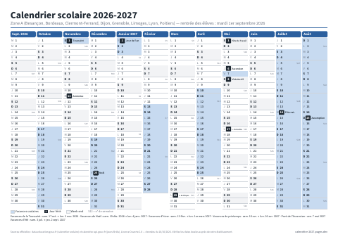 Aperçu : Calendrier scolaire 2026-2027 Zone A — A4 paysage