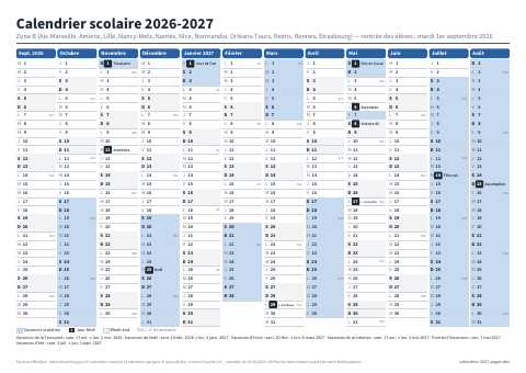 Aperçu : Calendrier scolaire 2026-2027 Zone B — A4 paysage