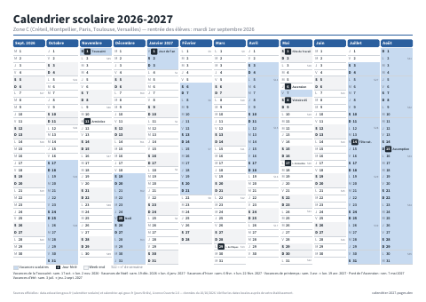 Aperçu : Calendrier scolaire 2026-2027 Zone C — A4 paysage