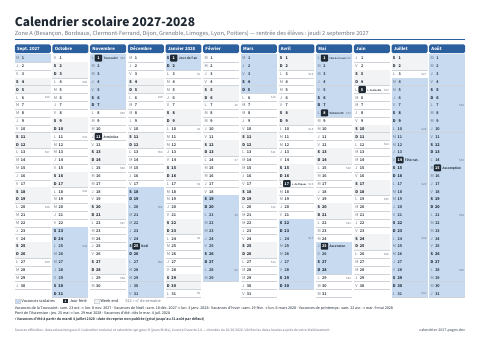 Aperçu : Calendrier scolaire 2027-2028 Zone A — A4 paysage