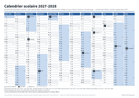 Aperçu : Calendrier scolaire 2027-2028 Zone B — A4 paysage