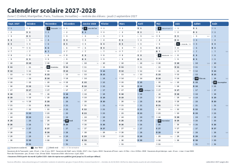 Aperçu : Calendrier scolaire 2027-2028 Zone C — A4 paysage